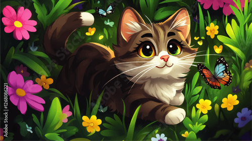 Charming Kitten in Vibrant Flower Garden with Colorful Butterflies: Adorable Cat Vector Art for Nature Lovers, Pets, and Floral Decor Inspiration