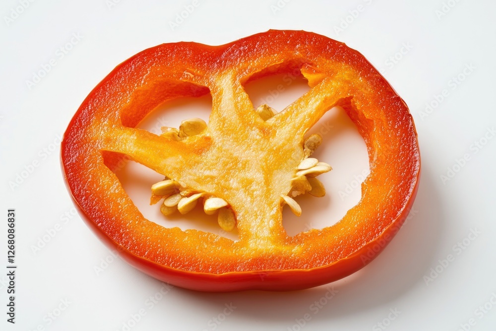 Freshly cut red pepper on a white surface, perfect for food or cooking related concepts Freshly cut red pepper on a white surface, perfect for food or cooking related concepts