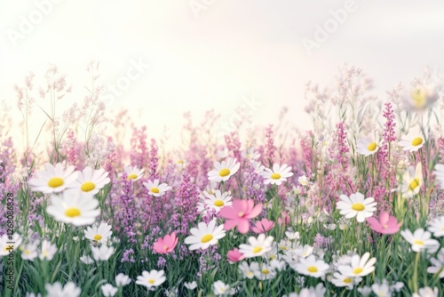 A beautiful field of white and pink flowers blooming on a sunny day  great for spring or wedding-themed photoshoots