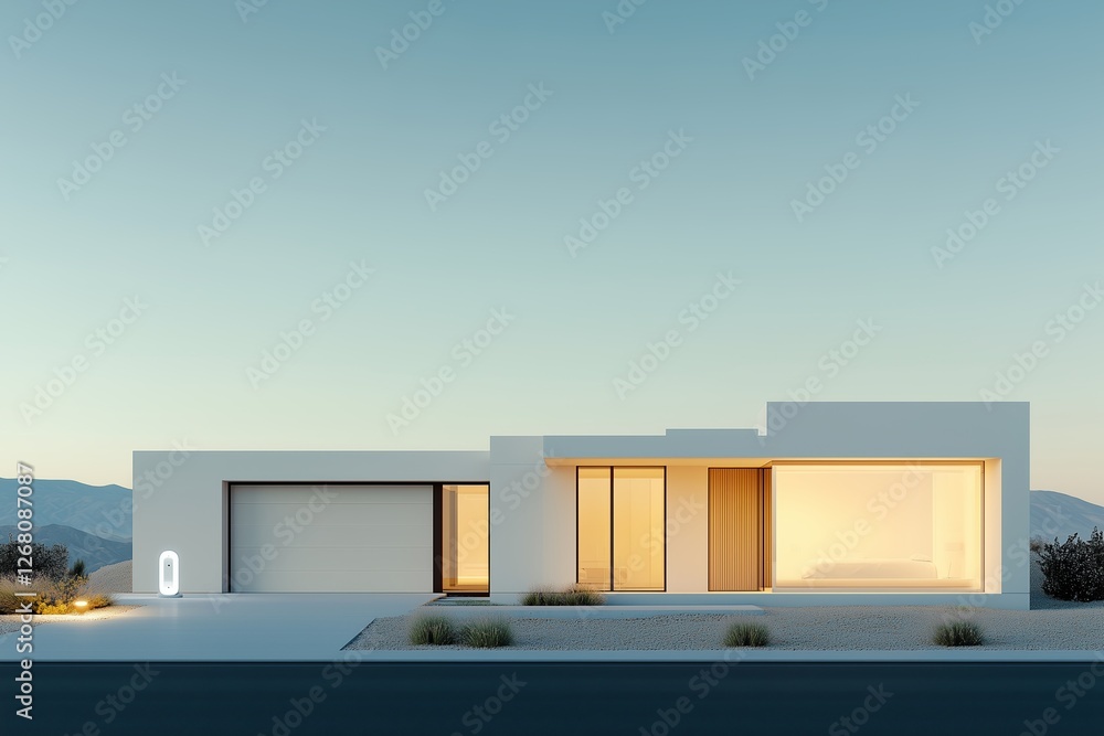 A sleek, modern minimalist house with a clean, geometric design sits in a tranquil desert landscape at dusk. A sleek, modern minimalist house with a clean, geometric design sits in a tranquil desert landscape at dusk.