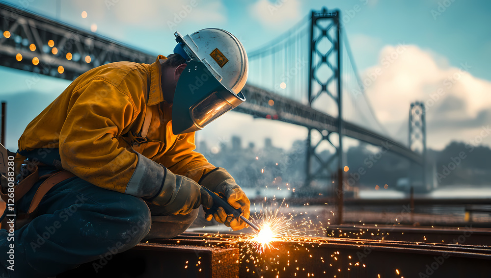 Welder at Work: A skilled welder in protective gear expertly welds metal beams, sparks flying, against the dramatic backdrop of a large suspension bridge and cityscape at sunset. Welder at Work: A skilled welder in protective gear expertly welds metal beams, sparks flying, against the dramatic backdrop of a large suspension bridge and cityscape at sunset.