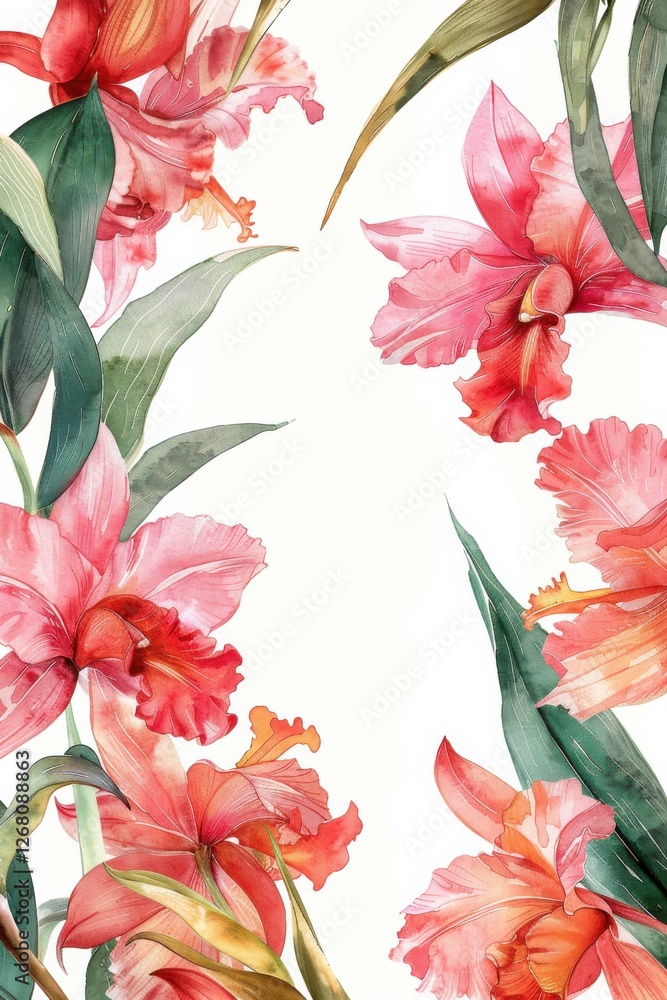 Fototapeta premium A wedding card design featuring soft watercolor Cattleya flowers in pink hues, framing a horizontal space