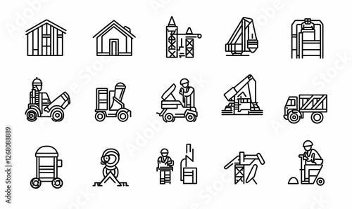 Construction and Gardening Icon Set: A comprehensive collection of  linear style icons depicting various construction and gardening tools, machinery, and workers. Perfect for websites, apps. photo