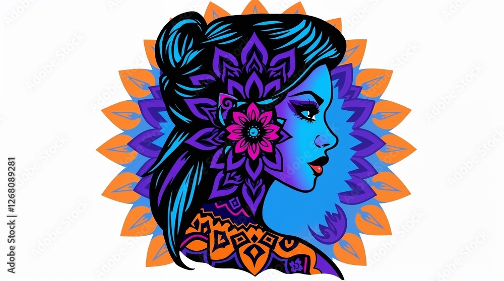 Obraz premium Psychedelic female portrait with mandala tattoo, vibrant geometric patterns, and bohemian spiritual aesthetics