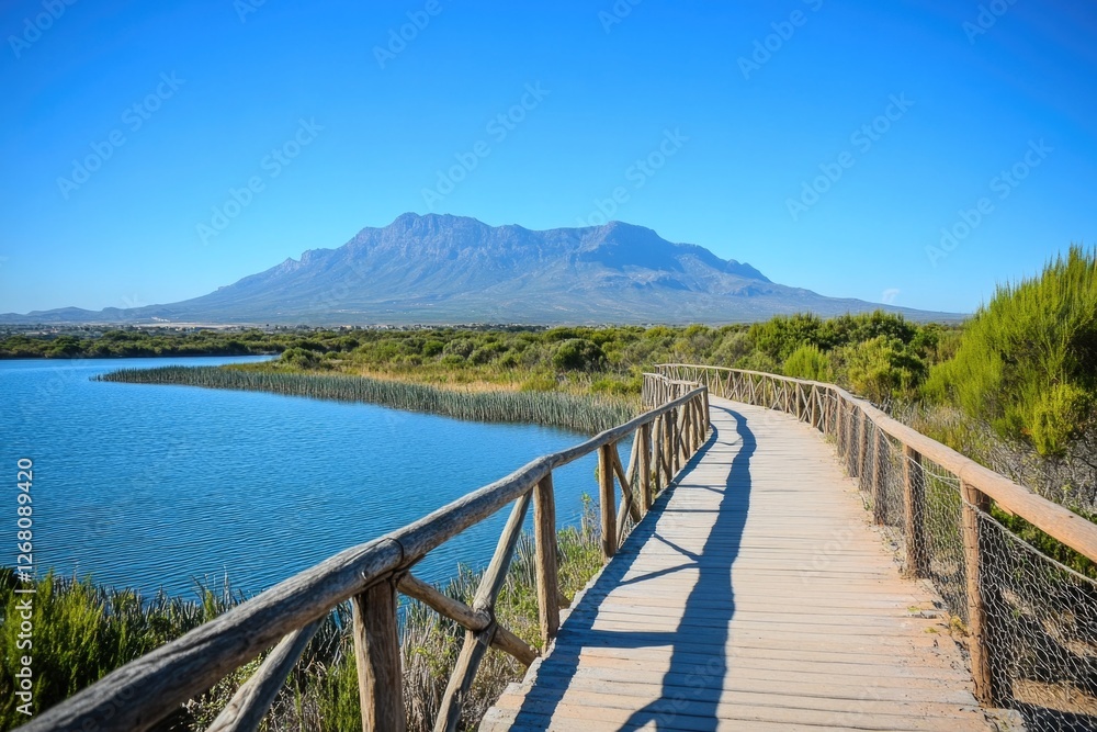 A rustic wooden bridge stretching across a serene body of water, perfect for use in travel or nature-inspired designs A rustic wooden bridge stretching across a serene body of water, perfect for use in travel or nature-inspired designs