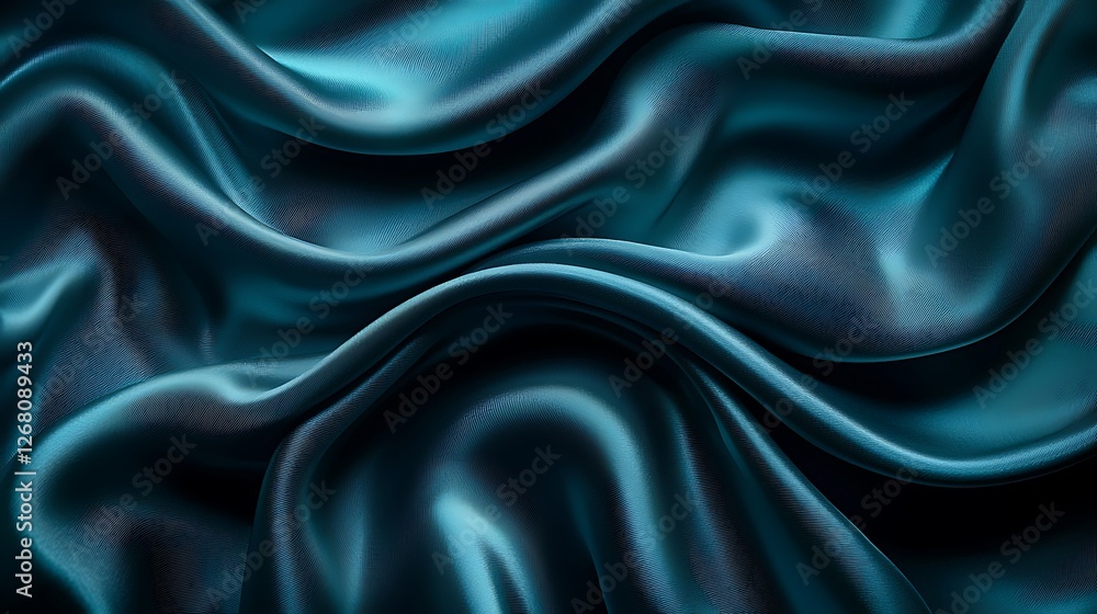 Obraz premium Teal silk fabric drapes, studio shot, soft folds, dark background, design element