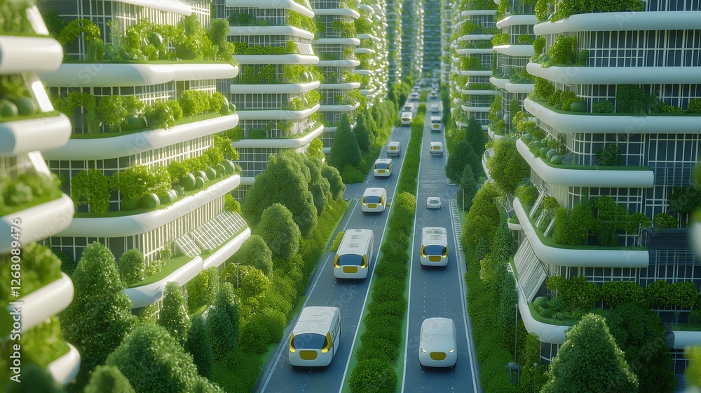 Obraz premium Futuristic urban landscape with green buildings and eco-friendly transport flowing through lush tree-lined streets in a sustainable city