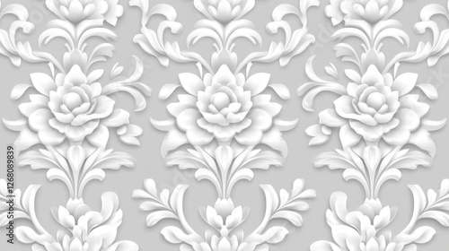 Elegant Grey Damask Floral Design with Vintage Refined Details Seamless Repeat Pattern
