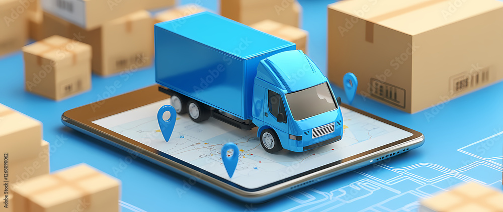Delivering the Goods: A 3D rendering depicts a blue delivery truck on a digital map, surrounded by cardboard boxes, representing the seamless efficiency and tracking of modern logistics.  