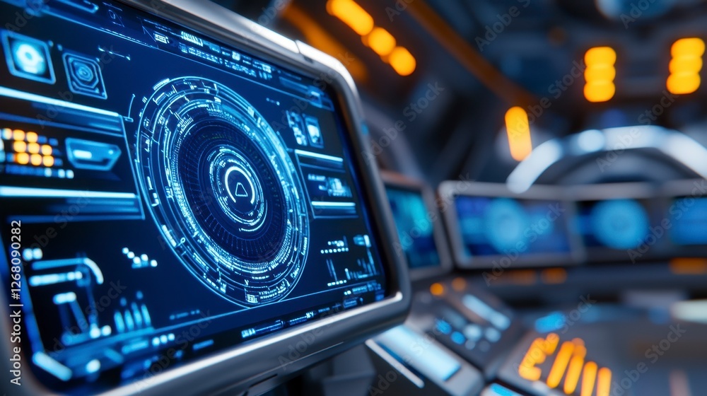 Obraz premium Futuristic Control Room Displaying Complex Information on Blue Monitors and Advanced Technology