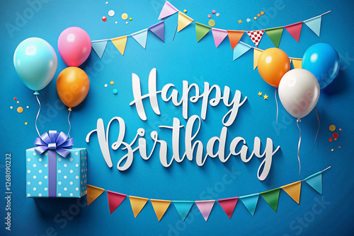 Festive birthday balloons, gift, bunting, blue background; celebration card