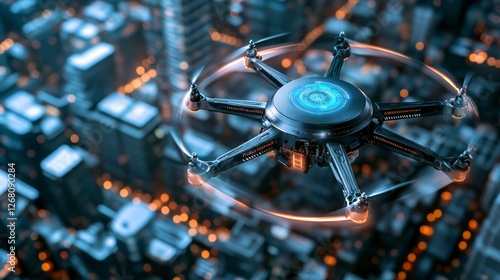 Futuristic Drone Hovering Over a Dense Urban Cityscape at Night with a Blurred Background photo