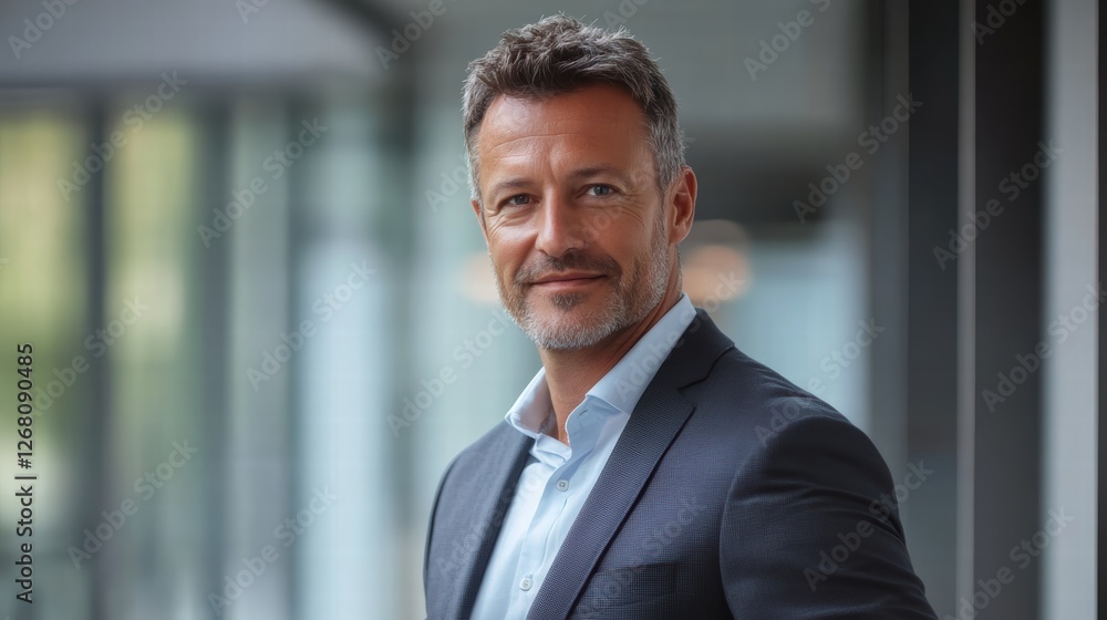 Portrait of a Successful Middle Aged Businessman Smiling Confidently in a Modern Office Setting Wearing a Stylish Dark Suit and Light Blue Shirt Portrait of a Successful Middle Aged Businessman Smiling Confidently in a Modern Office Setting Wearing a Stylish Dark Suit and Light Blue Shirt