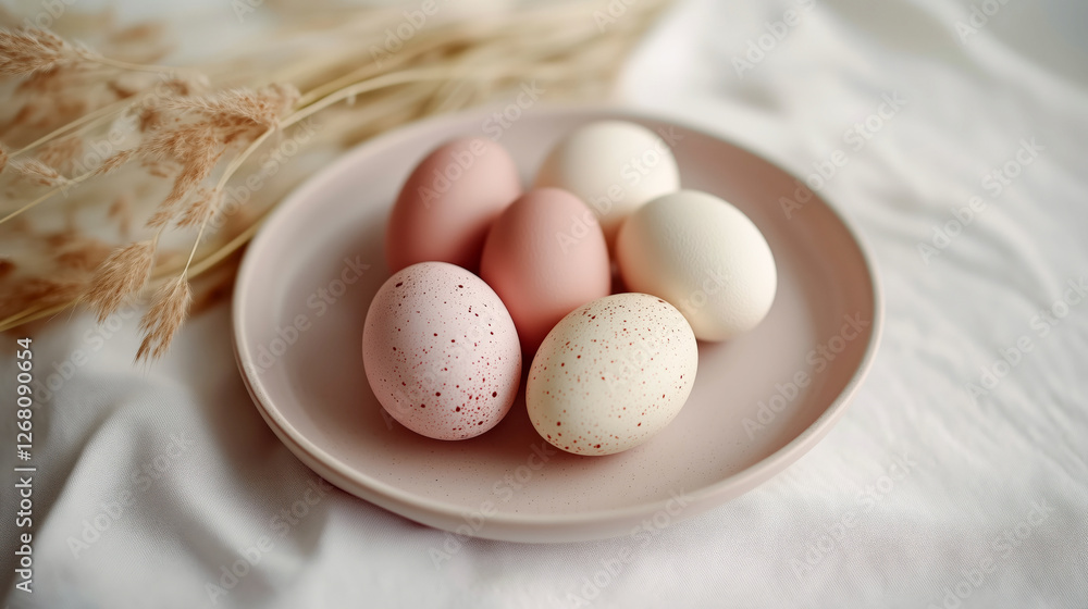 Pastel colored Easter eggs in a clay plate on a table decorated with pampas grass Pastel colored Easter eggs in a clay plate on a table decorated with pampas grass