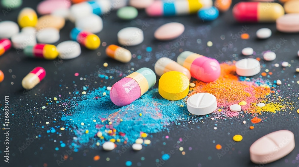 A large pile of colored pills on a black surface. Medical tablets of different colors lie on a dark table A large pile of colored pills on a black surface. Medical tablets of different colors lie on a dark table