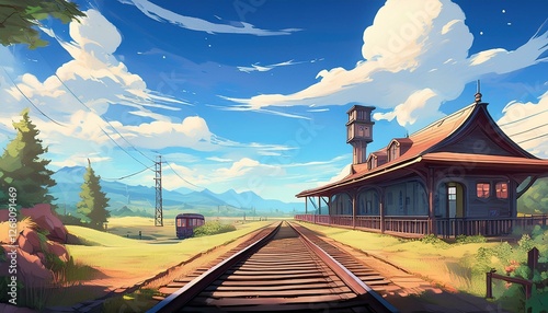the old train station the railroad rural landscape anime style cartoon