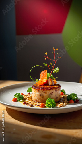 Artistic Eierschwammerl dish garnished on dining table, culinary delight photo