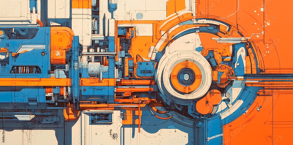 Abstract Machinery: A vibrant, stylized illustration of intricate machinery in bold blue, orange and white, featuring overlapping gears, pipes and circular elements. Abstract Machinery: A vibrant, stylized illustration of intricate machinery in bold blue, orange and white, featuring overlapping gears, pipes and circular elements.