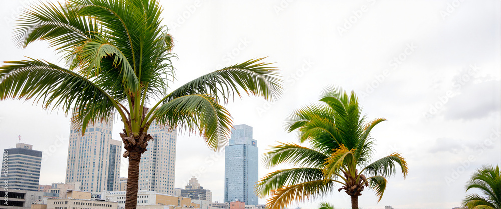 Fototapeta premium Bending palm trees against urban skyline on windy afternoon, nature's resilience