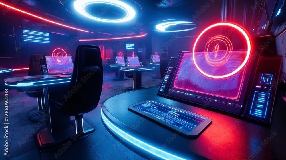 Fototapeta premium Neon Lit Cybercafe Interior with Holographic Interfaces and Futuristic Design