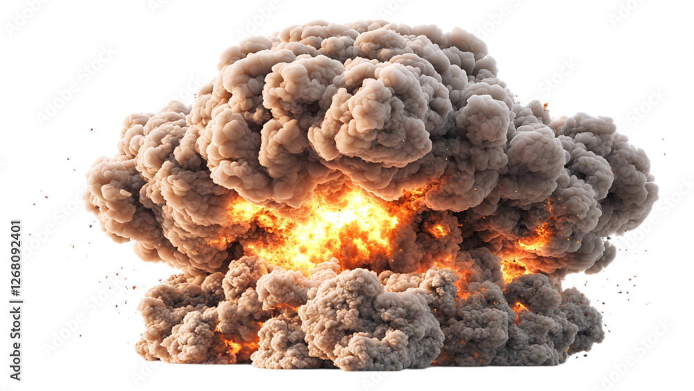 Mushroom cloud explosion with dense smoke and glowing fire dramatic scene close-up view, isolated on white or transparent background Mushroom cloud explosion with dense smoke and glowing fire dramatic scene close-up view, isolated on white or transparent background