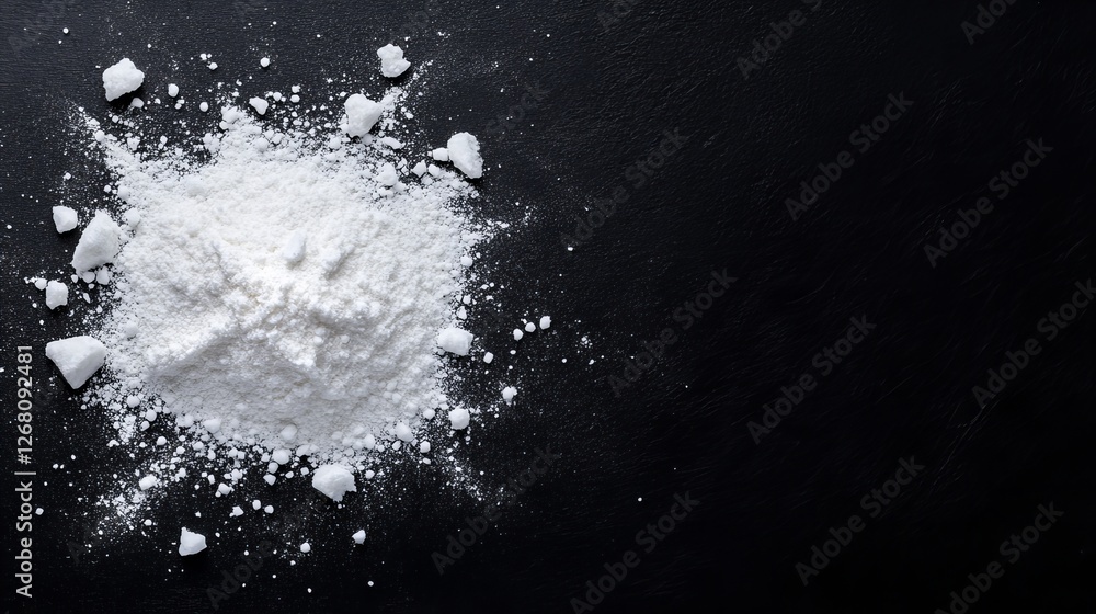 A pile of white powder sits on a dark surface. The contrast between the white and black is striking. A pile of white powder sits on a dark surface. The contrast between the white and black is striking.