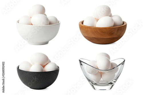 Set of 4 different bowls filled with fresh white eggs isolated on transparent background. photo