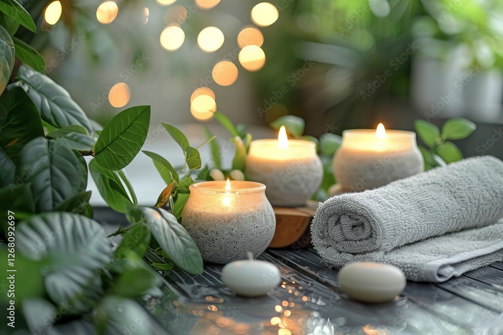 Tranquil Spa Setting: Close-Up of a Tray with Candles and Aromatherapy Treatments, Surrounded by Massage Oils and Skincare Products in an Empty Resort Tranquil Spa Setting: Close-Up of a Tray with Candles and Aromatherapy Treatments, Surrounded by Massage Oils and Skincare Products in an Empty Resort