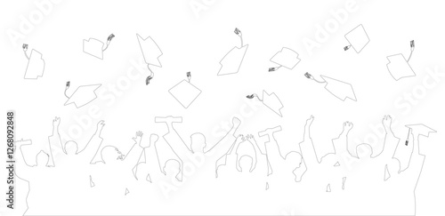 Contour of cheerful graduate students. Crowd of graduates in mantles, throws up the square academic caps. Vector illustration