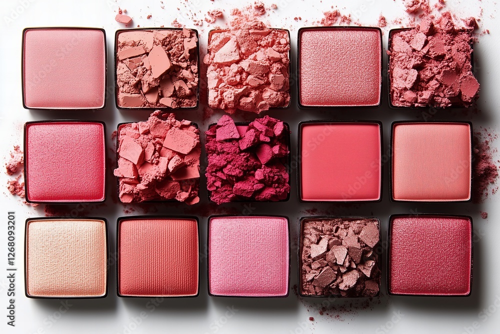 Fototapeta premium Collection of Fifteen Pink Toned Eye Shadow Palettes on a White Background