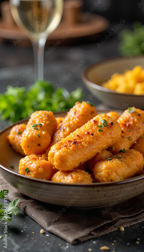 Crispy Malakoff cheese sticks on elegant dining table, gourmet delight Crispy Malakoff cheese sticks on elegant dining table, gourmet delight