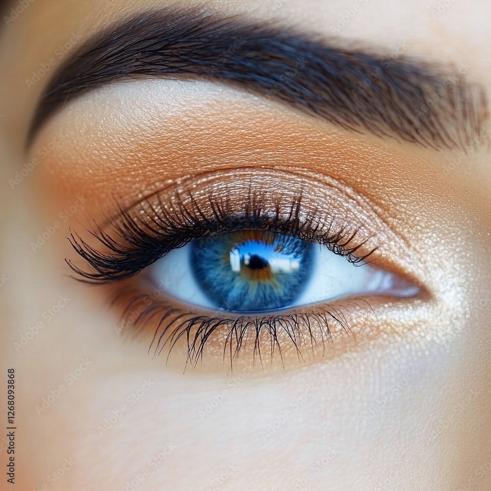 Obraz premium Close Up of a Blue Eye with Golden Eyeshadow and Long Lashes in Sharp Focus