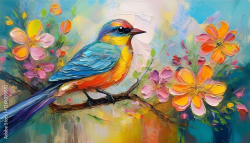 abstract colorful oil acrylic painting of bird and spring flower modern art paintings brush stroke on canvas illustration oil painting animal and floral for background