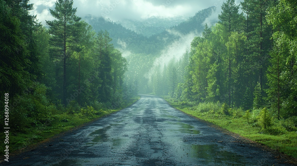Obraz premium A serene forest road surrounded by lush greenery and misty mountains.