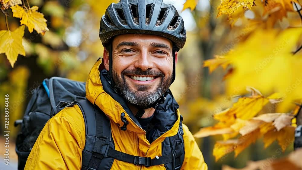 Enjoying a sunny autumn day on a mountain hike with beautiful fall foliage in the background Enjoying a sunny autumn day on a mountain hike with beautiful fall foliage in the background