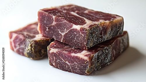 Three cured meat blocks, studio shot, white background, food photography photo