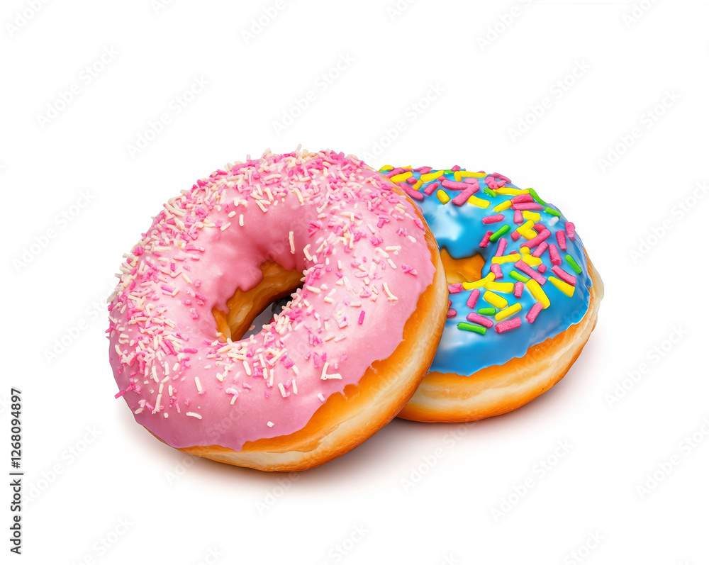 Set with delicious glazed donuts on white background. Set with delicious glazed donuts on white background.