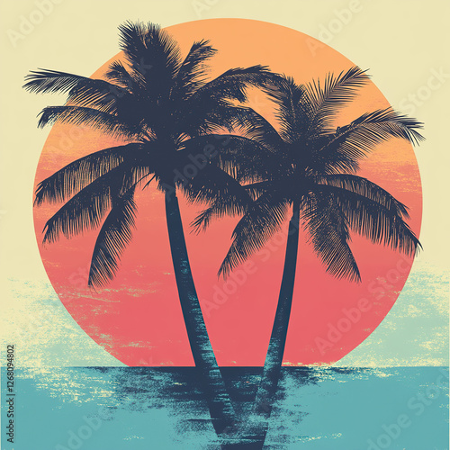 Retro Tropical Sunset with Palm Trees