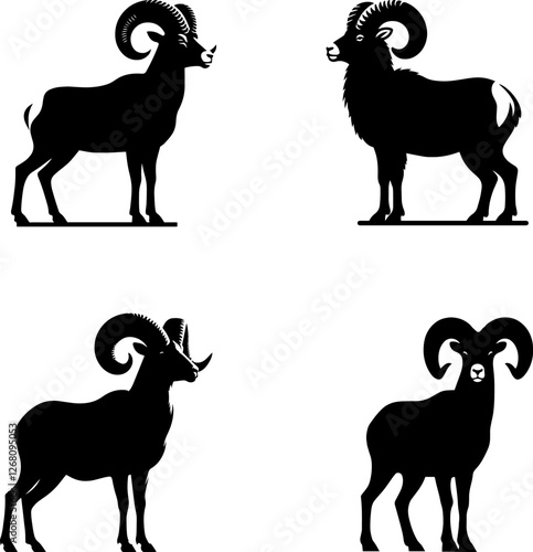 Standing Bighorn Sheep Silhouette Vector Set – Majestic Wildlife Illustrations for Nature and Outdoor Designs