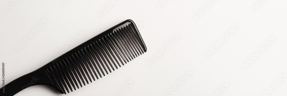 Close up of a black comb resting on a light surface with strands of hair present and ample space for text. Generative AI Close up of a black comb resting on a light surface with strands of hair present and ample space for text. Generative AI