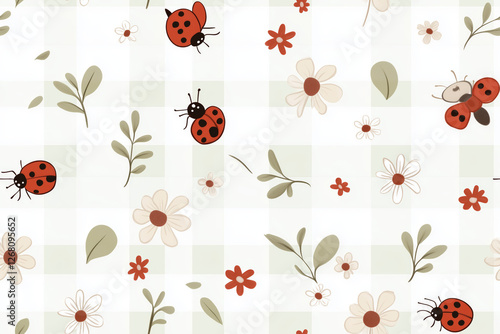 Floral Pattern with Ladybugs Leaves and Flowers on a White Plaid Background