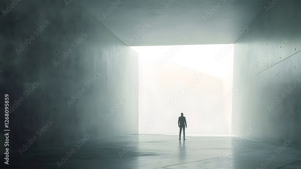 Man in Concrete Corridor Facing Light Man in Concrete Corridor Facing Light