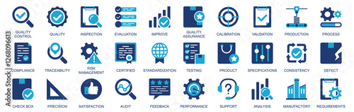 Quality control icon set in flat duotone solid icons web design. Pack pictograms with inspection, evaluation, assurance, calibration, validation, production, audit, defect, other. Illustration.