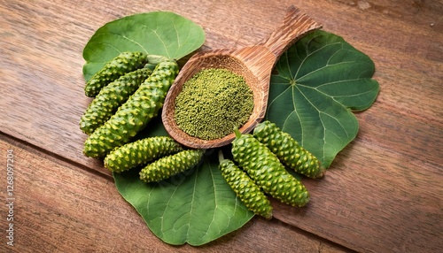 tinospora cordifolia herb heart leaved moonseed guduchi giloy crispa on wooden background