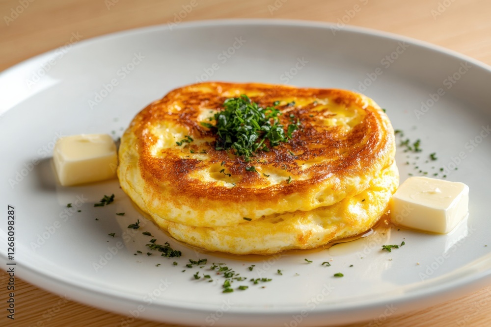 Fluffy souffle pancake with butter and herbs on a plate. Fluffy souffle pancake with butter and herbs on a plate.