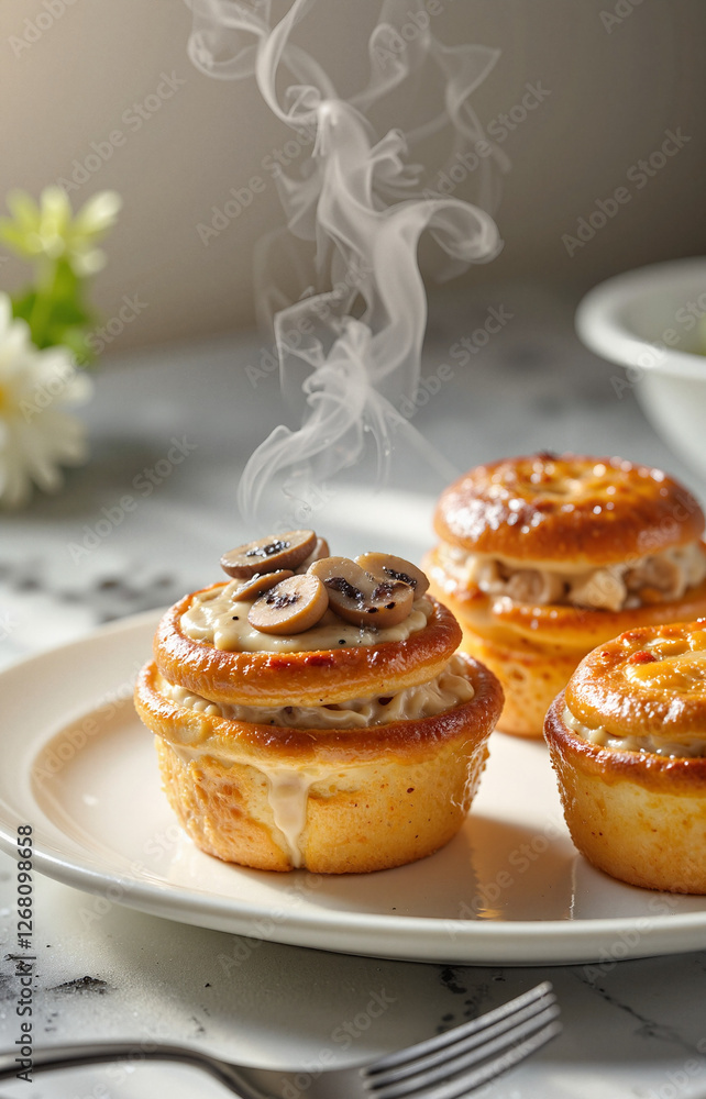 Savory vol-au-vent with creamy chicken and mushrooms, elegant dining Savory vol-au-vent with creamy chicken and mushrooms, elegant dining