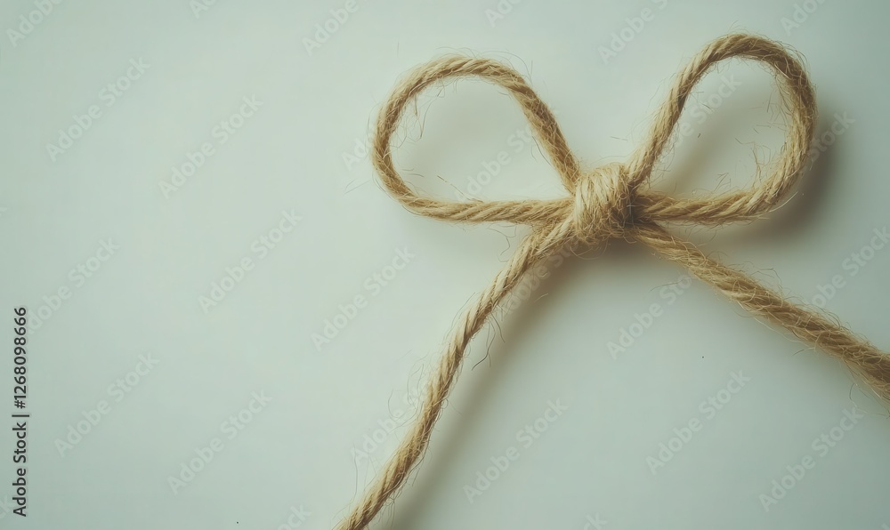 A detailed view of string or twine knotted into a bow, isolated on a white backdrop. A detailed view of string or twine knotted into a bow, isolated on a white backdrop.