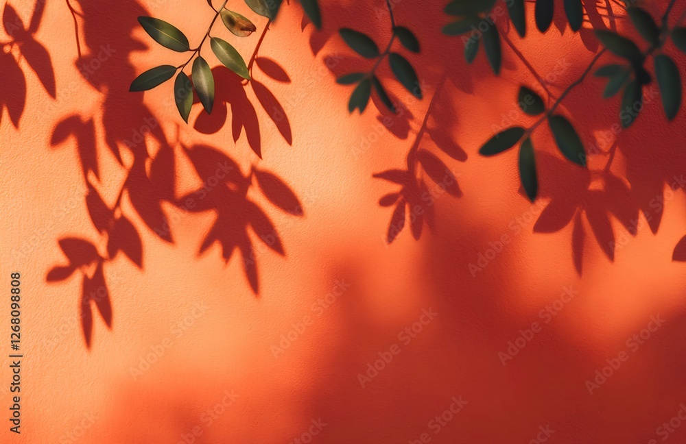 Sunlight shadows, leaves, orange wall, nature backdrop Sunlight shadows, leaves, orange wall, nature backdrop