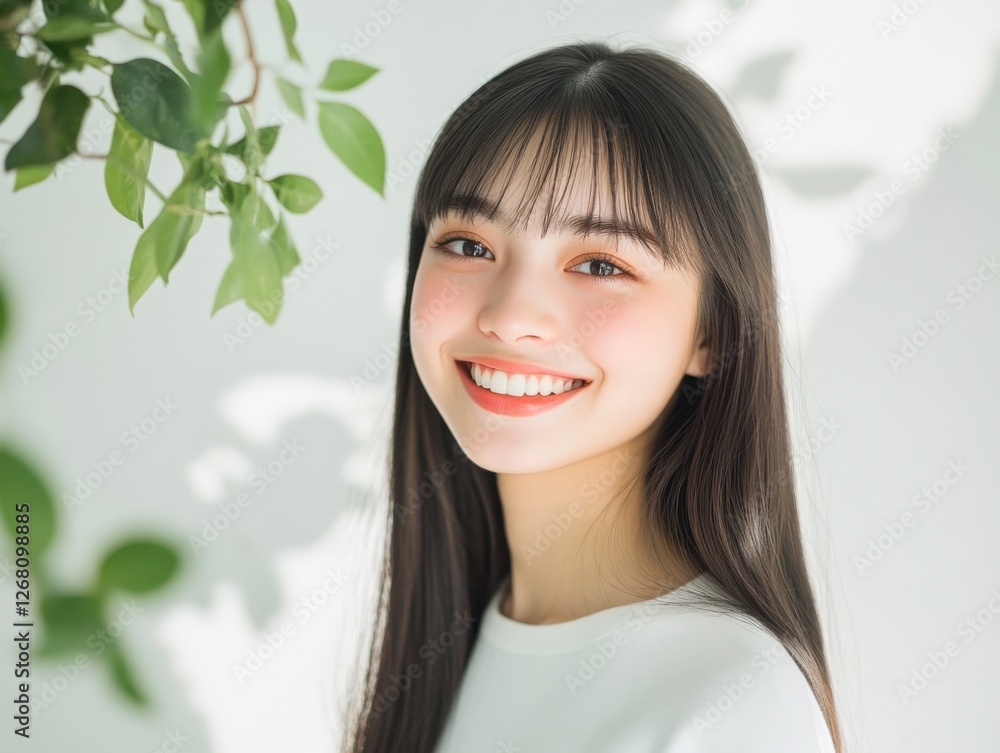 smiling asian woman with long hair and fringe smiling asian woman with long hair and fringe