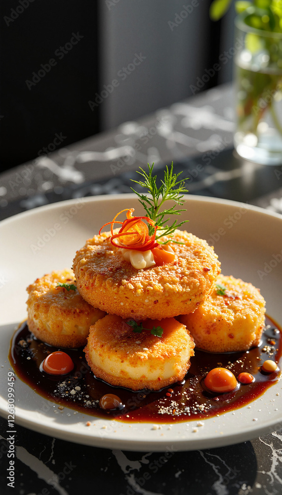 Artfully arranged Rösti dish in chic bistro setting, culinary creativity Artfully arranged Rösti dish in chic bistro setting, culinary creativity